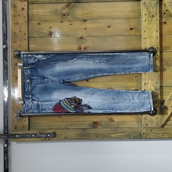 JEANS NATIVE AMERICAN EMBROIDERED RIPPED DISTRESSED SLIM SIZE 40 MENS DENIM - Picture 1 of 8